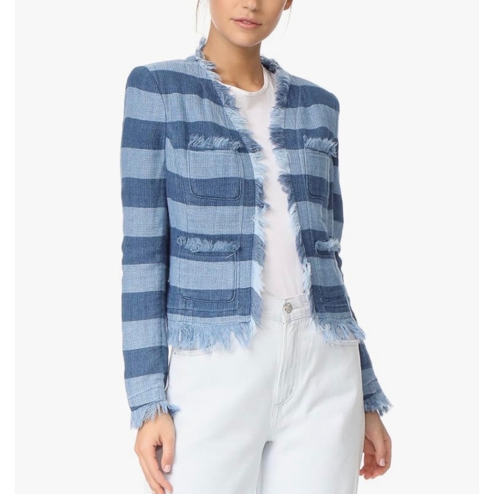 AG Adriano Goldschmied Womens M Blue Striped Frayed Cotton Denim Jean Jacket